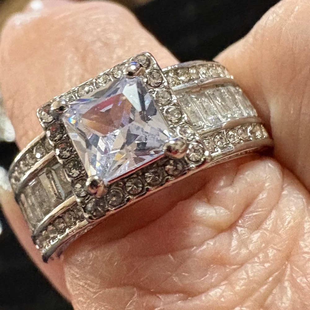 Silver Tone Princess Cut Halo Statement Ring Baguette Accents Size 9